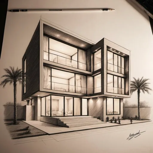 Prompt: Free hand sketching by pencil for architectural design of a modern house in Baghdad in Iraq according to classical Baghdad style, the view be at night and show lighting effects, and put my  name on corner (Mohammed)
