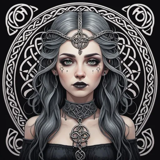 Prompt: A woman in the Celtic art style, with whimsical and surreal elements, gothic aesthetics