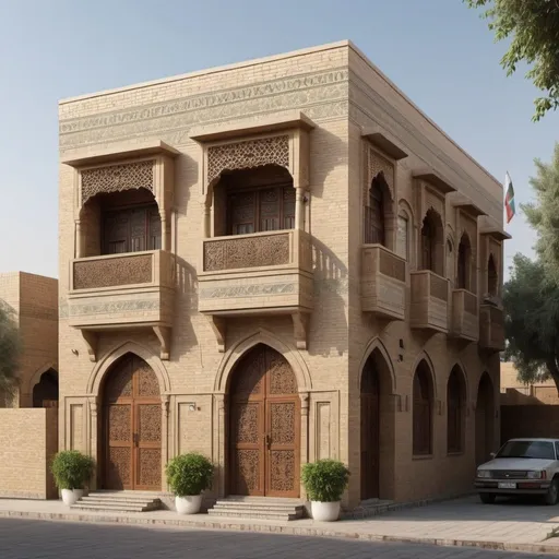 Prompt: a traditional house in Baghdad with Islamic style with fair face brick work, full elevation