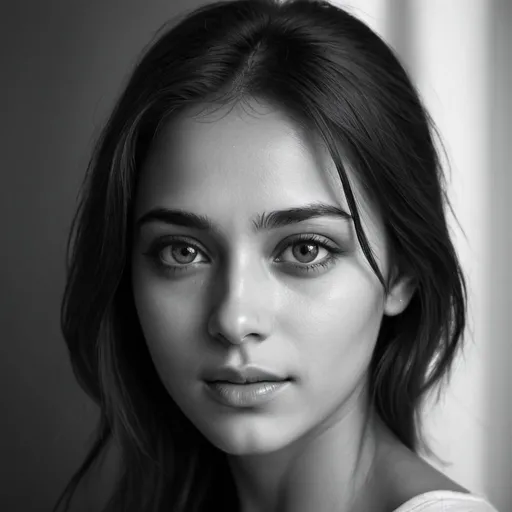 Prompt: a black an white photography of a face of very beautiful girl , with realistic appearance, with real light and shadow on face, real photo with nice face