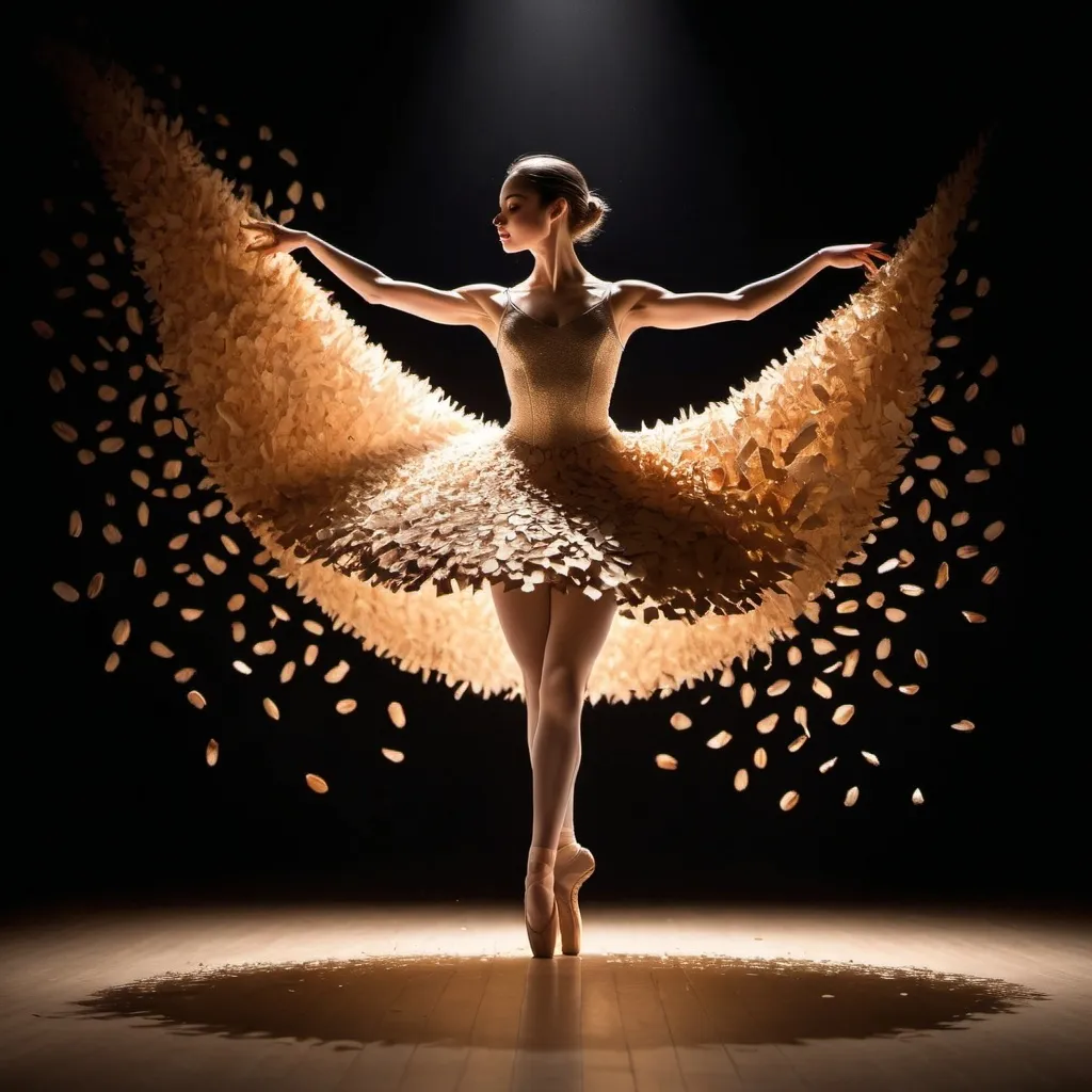 Prompt: Gracefully poised in a spotlight, a stunning ballet dancer emerges from pencil shavings, her movements igniting artistic flames.