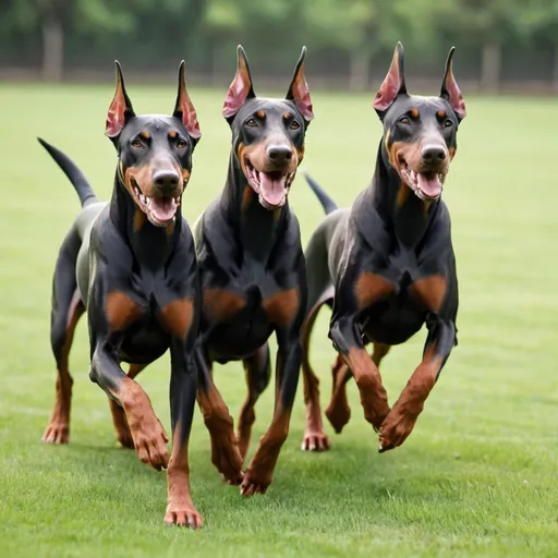 Prompt: three Doberman dogs run on the grass