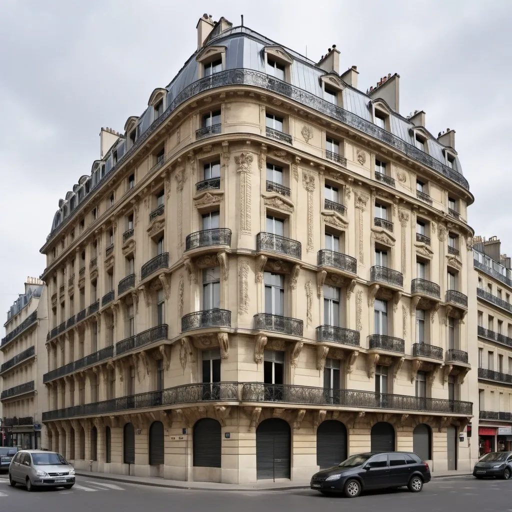 Prompt: The Haussmannian building in Paris, known as the 'melting building'.
 The Haussmannian building on Avenue George V in Paris, France, is called the 'Fusion Building'.  Referred to as trompe l'oeil (Trick the Eye), it is a mural and optical illusion that appeared in 2007. 
 The old building was in need of restoration work, but instead of boring scaffolding, an innovative solution was found. 
 Artist Pierre Delavy made pictures of the building in its original form.  The images were then distorted by a computer program and printed on large canvases covering the entire facade of the house.  Frederic Baudouin pasted the image of the foam cornices, and distinguishing reality from image becomes very difficult, especially at a distance.