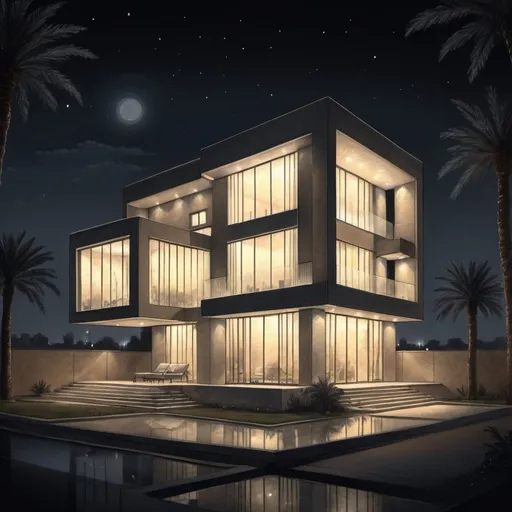 Prompt: Modern house in Baghdad illustrated in classical Iraqi architectural style, envisioned through a night-time setting, the design sketched by hand with a pencil, nuances of light effects softly dancing off the structure will be discussed, keywords: pencil sketch, modern architecture, classical Baghdad style, night view, subtle lighting effects, artistic interpretation, architectural design, authentic, Baghdad constructions, precision sketching, free-hand drawing, night-time