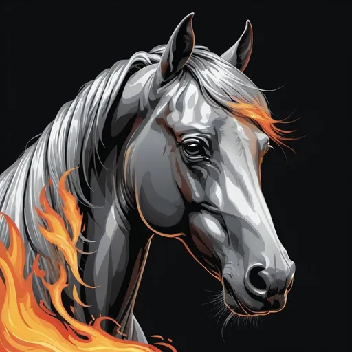 Prompt: a close up of a horse's head with a silver and black background, digital horse, vectorial art, horse head animal merge, horse, flowing mane, half horse, fire and flames mane, highly detailed vector art, vector style, no gradients, extremely high quality artwork, vector art style, beautiful horse, hd vector art, inspired by Petros Afshar