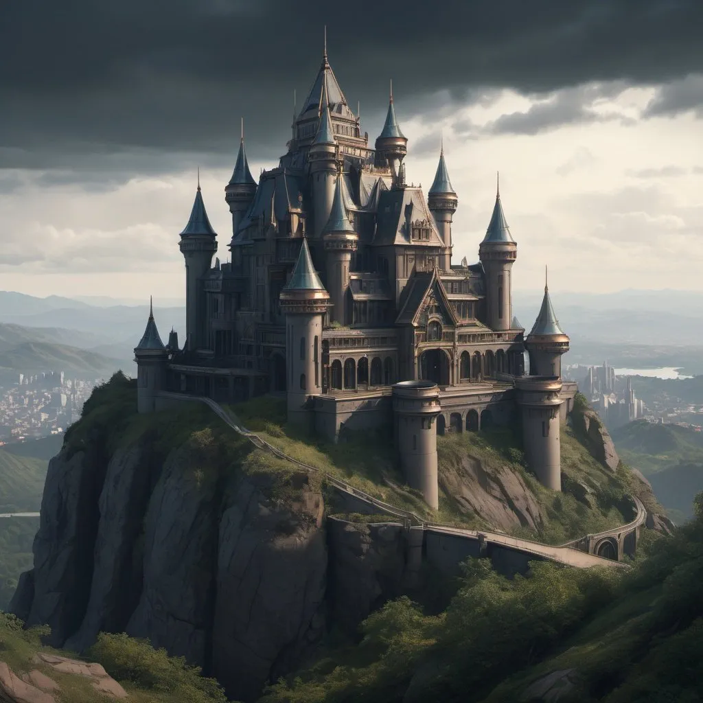 Prompt: a sci-fi castle on hill, digital art, photorealistic, dark, smooth, sharp focus, artgerm, alphonse mucha, octane, 4k, hyper realistic detail