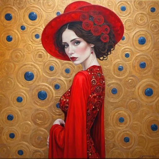 Prompt: "Lady in red? Painted in the style of GUSTAV KLIMT"