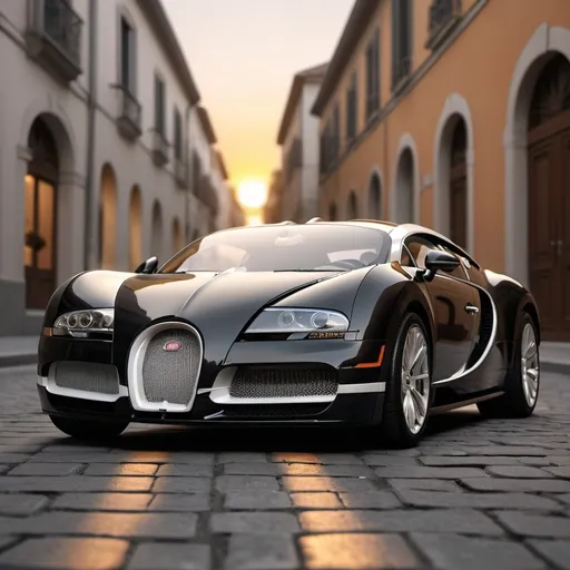 Prompt: Create a closeup image of a black and white Bugatti Veron parked on a interlock paved traditional Italian street, lights on, streets are lighted, we can see golden orange color sun setting from the far end of the street, ultra realistic, hyper detail, 8K, 3D