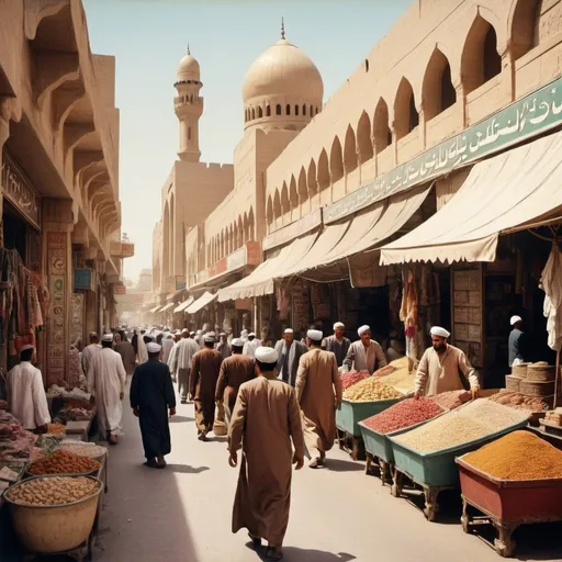 Prompt: Arabic city walkway, 1950s, Baghdad, bustling market, traditional architecture, vintage color palette, bustling crowd, intricate details, historical, 1950s aesthetic, warm tones, vibrant atmosphere, detailed textures, street vendors, high quality, vintage, historical, traditional, bustling, warm tones, intricate details