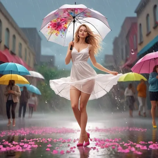 Prompt: A digital artwork of a beautiful woman, long soft silky blonde brown hair, dressed in a very short white dress and pink high heels decorated with small bright flowers, dancing while holding a transparent umbrella painted with flowers, in the middle of a colorful rain with water drops that becomes bright colors upon contact, over a bright cloud background. HD, 3D