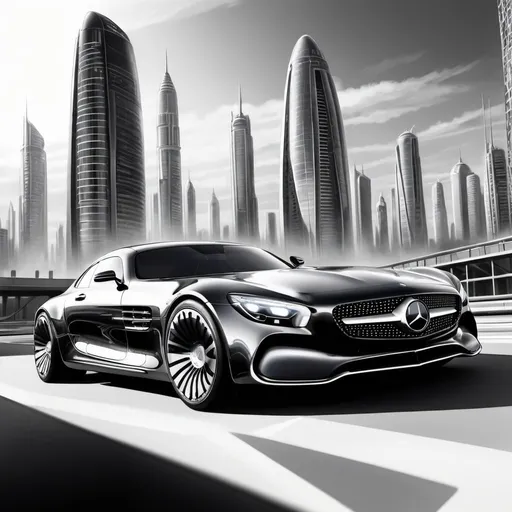 Prompt: Mercedes Benz depicted in a futuristic design, pencil sketch, black and white, full vehicle view, juxtaposed against a skyline of towering buildings, shadows cast on the glossy facade, detailed urban backdrop, architectural elements infused with a hint of sci-fi, high contrast, dramatic lighting, pen and ink.