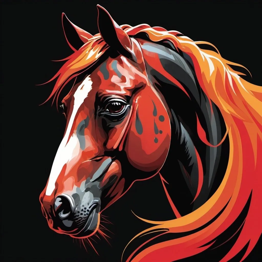 Prompt: a close up of a horse's head with a red and black background, digital horse, vectorial art, horse head animal merge, horse, flowing mane, half horse, fire and flames mane, highly detailed vector art, vector style, no gradients, extremely high quality artwork, vector art style, beautiful horse, hd vector art, inspired by Petros Afshar