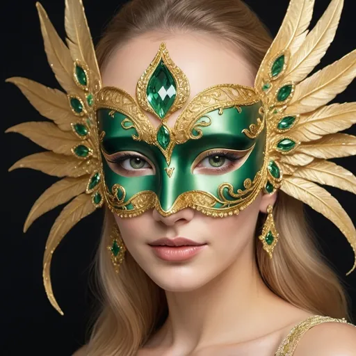 Prompt: Create a realistic picture of Golden venetian mask with Green diamonds around the eyes and swan's wings around the head
