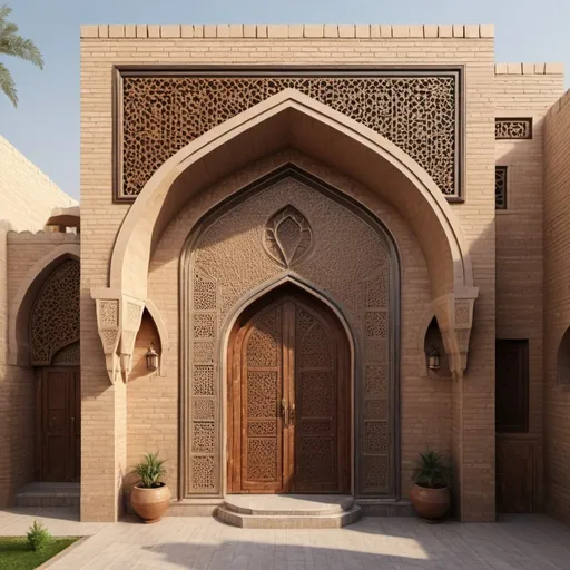 Prompt: Architectural design of traditional house in Baghdad, Abbasid style, fair face brickwork elevation, pointed arch entrance, flat windows, Shansheel in upper floor, detailed brickwork, intricate carving, traditional design, high quality, detailed rendering, architectural, Abbasid style, traditional house, intricate details, warm tones, natural lighting