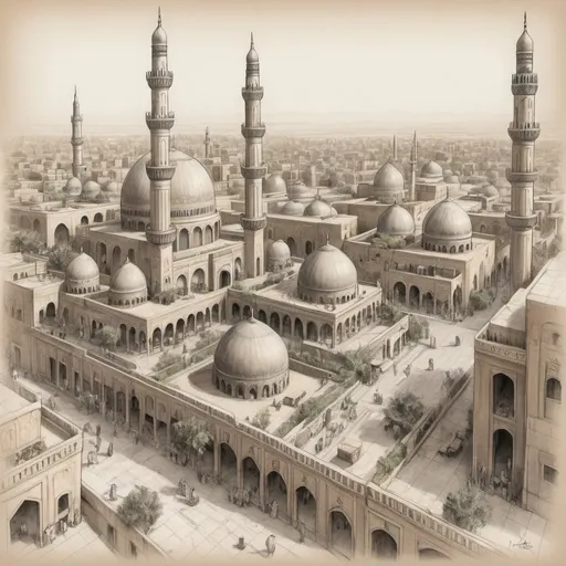 Prompt: A pencil sketch of the historic city of Baghdad, meticulous detail encapsulating the ancient architecture, bustling street-life, notable landmarks like the hanging gardens, observed from a birds-eye view, vibrant urban atmosphere, hand-drawn, authentic, shaded edges, nuanced graphite strokes, vintage charm, rustic buildings, hazy evening, intricate skyline, old-world architecture, layered perspective, intricate detailing.