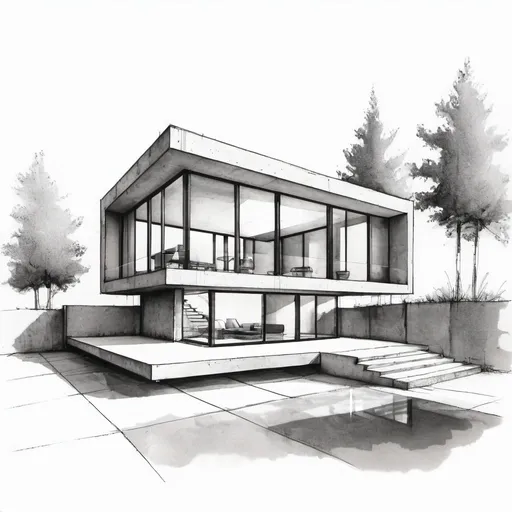 Prompt: architectural sketch of a modern minimal style home made out of concrete and glass; hand rendering with ink
