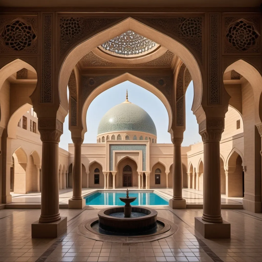 Prompt: Traditional Baghdad house in Abbasid style, two stories, front with fair-faced brickwork, intricate masonry patterns, arched windows, balconies overlooking ancient city streets, warm earth tones, soft sunlight enhances texture, historical architecture, detailed brickwork close-up, leading lines draw eye towards adorned entrance, volumetric light, UHD drawing.Vivid colors harmonize with shadowy alcoves, creating a tapestry of light and dark interplay, showcasing the beauty of traditional Islamic architecture. Ornate wooden screens filter soft rays of sunlight, casting intricate patterns on cool tile floors below. The gentle murmur of a courtyard fountain echoes through the open spaces, providing a sense of tranquility amidst the bustling city outside. Majestic domes and minarets punctuate the city skyline, standing as enduring symbols of an ancient civilization's architectural prowess.