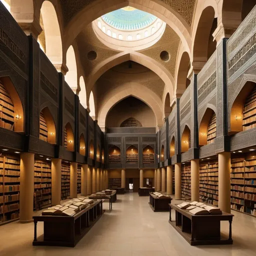 Prompt: The House of Wisdom (Arabic: بَيْت الْحِكْمَة Bayt al-Ḥikmah), also known as the Grand Library of Baghdad, was believed to be a major Abbasid-era public academy and intellectual center in Baghdad. In popular reference, it acted as one of the world's largest public libraries during the Islamic Golden Age,[1][2][3] and was founded either as a library for the collections of the fifth Abbasid caliph Harun al-Rashid (r. 786–809) in the late 8th century or as a private collection of the second Abbasid caliph al-Mansur (r. 754–775) to house rare books and collections of poetry in the Arabic language. During the reign of the seventh Abbasid caliph al-Ma'mun (r. 813–833), it was turned into a public academy and a library.[1][4]