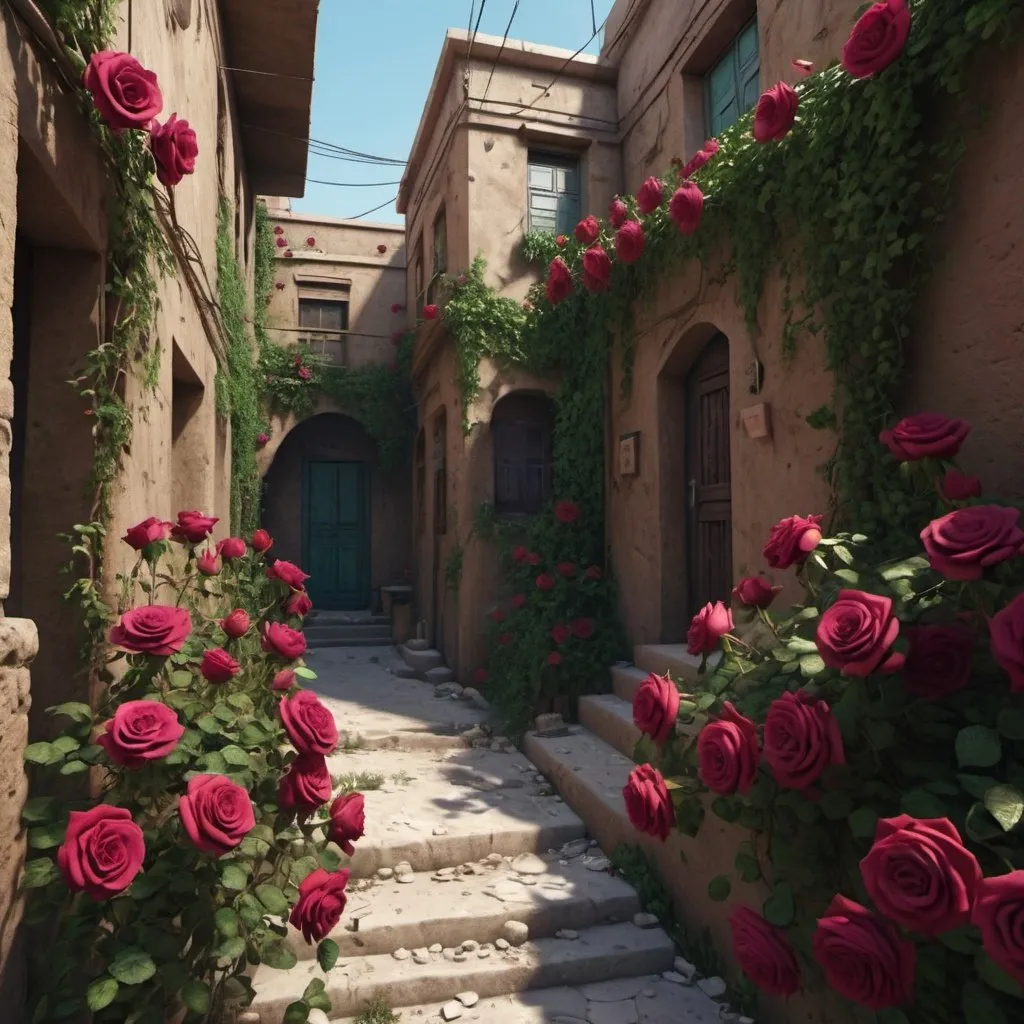 Prompt: Closeup.Rich colors,intense sharp,8K.3D render.A smal alley in an old Baghdadi town, houses overgrown with Iraqi roses, lots of details, photorealistic, UHD, 8K.