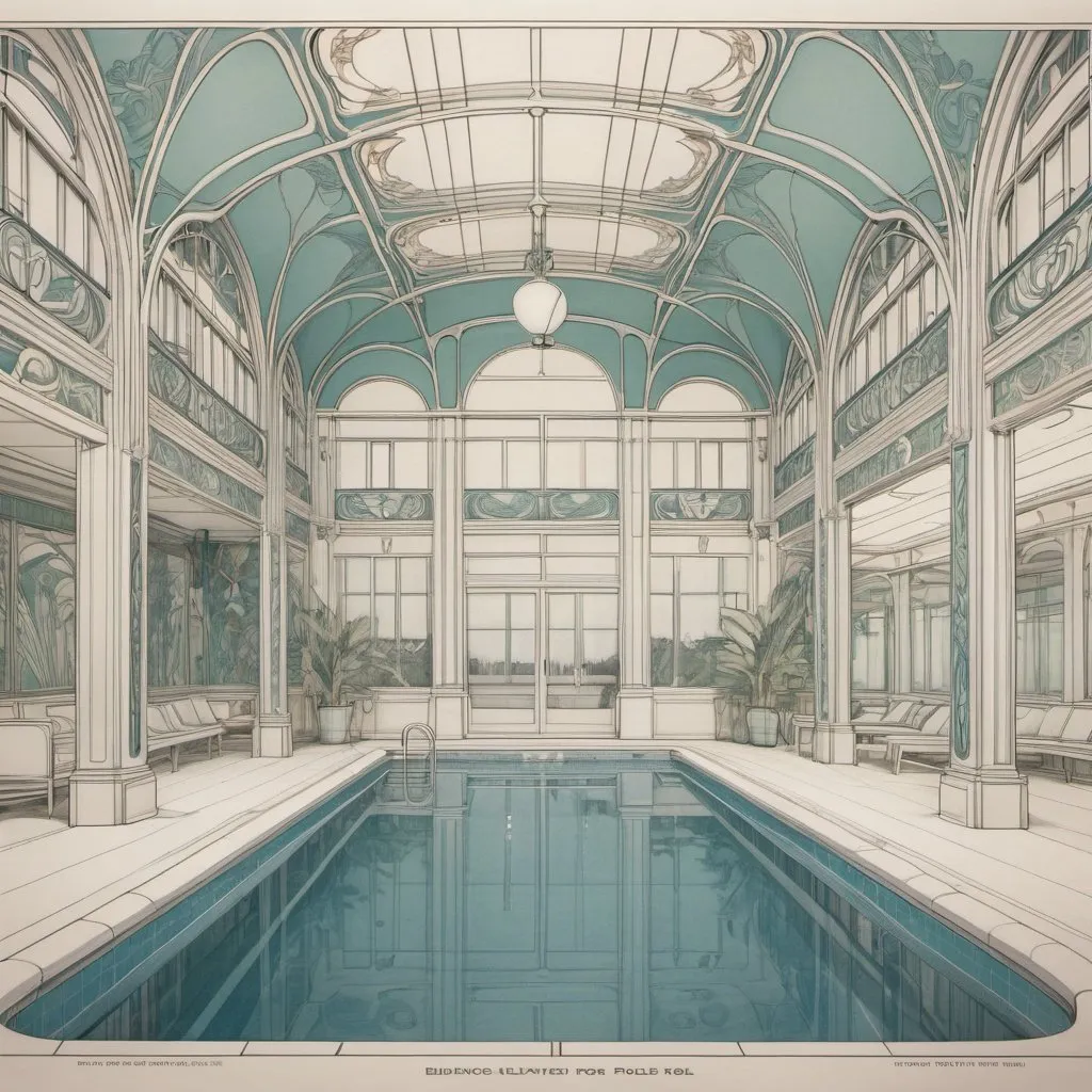 Prompt: Line drawing of building elevation for indoor pool in the Art Nouveau style, dramatic