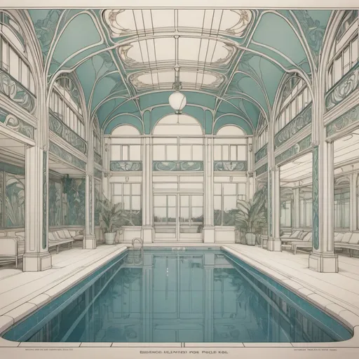 Prompt: Line drawing of building elevation for indoor pool in the Art Nouveau style, dramatic