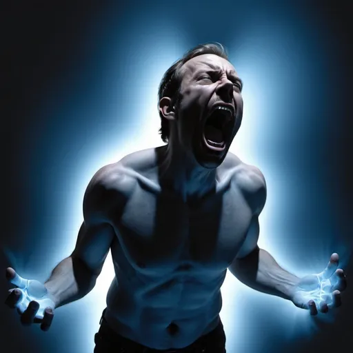 Prompt: Hyper realistic image of a man screaming while standing with his hands behind his back, creating a blue light shadow that resembles the shape of his body, as if a spirit had come out of his body.