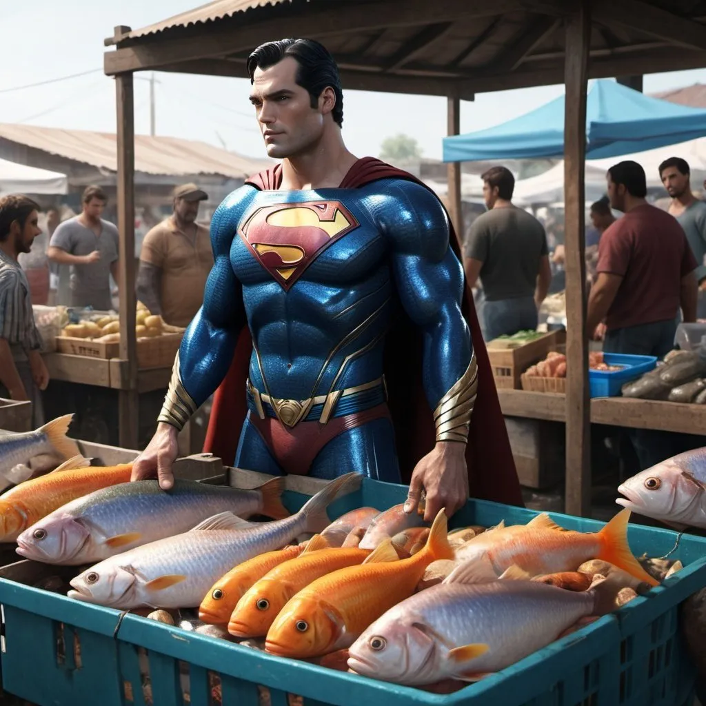 Prompt: Create a image of a  Superman working as a fish-seller in a rural market, where Spidermann, Thanos, Aquaman and Wonderwoman is queuing to buy fishes, show them all with their full figures view. Rendered in 8K (4K) resolution and ultra hyper-realistic quality.