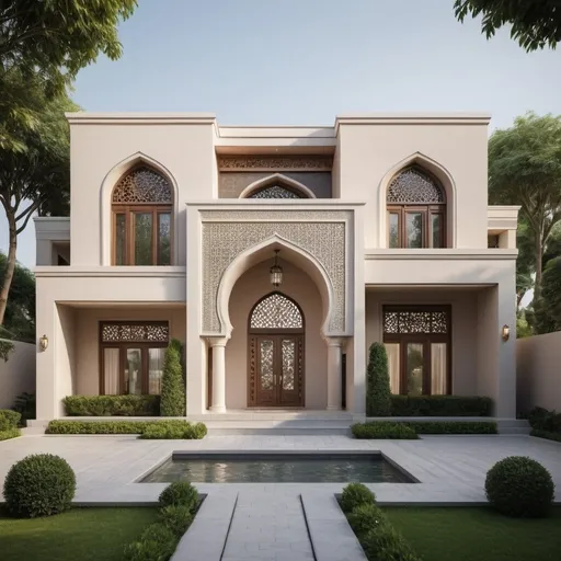 Prompt: Architectural design for a traditional house inspired by the Islamic style, full picture showing complete elevation. The traditional house design features sleek lines, geometric shapes, and a predominantly brick color palette, flat roofs, reminiscent of the Abbasid style. The exterior showcases a combination of fair face brick work and timber elements, with narrow windows and a minimalist aesthetic. The overall look is traditional and elegant, creating a striking presence in any neighborhood.The entrance to the house is highlighted by a beautiful arched doorway with intricate carvings, adding a touch of luxury to the design. The roof features traditional Islamic arches and domes, adding to the overall grandeur of the house. Surrounding the house are lush gardens with fountains and geometric patterns, creating a serene and peaceful oasis. This traditional house design is a perfect blend of modern functionality and timeless beauty, making it a truly unique and captivating architectural masterpiece.