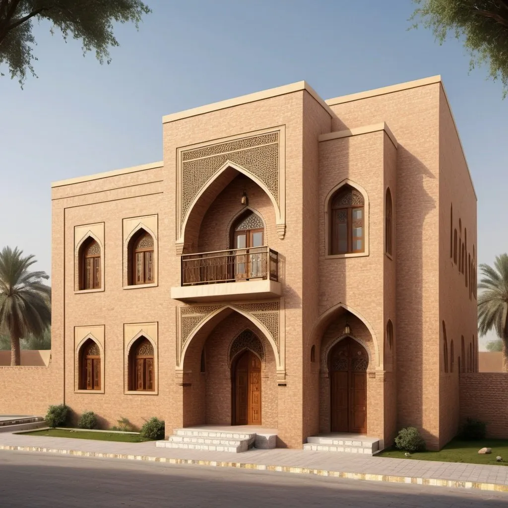 Prompt: Architectural design of traditional Baghdad house, fair-face brickwork elevation, Abbasid style, pointed arch entrance, flat windows, Shansheel in upper floor, detailed brickwork, high quality, architectural rendering, traditional, warm tones, natural lighting