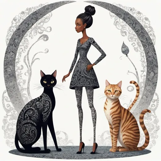 Prompt:  Imagine you are in a world where people and animals have been transformed by magic, taking on exaggerated and elongated forms. Create an illustration of a character with impossibly long legs and a petite head, her hair twisted into an intricate bun. She stands beside her companion, a tall cat marked with bold patterns, as they both gaze into the distance. Capture the essence of their unique bond and the surreal beauty of their existence in your artwork.