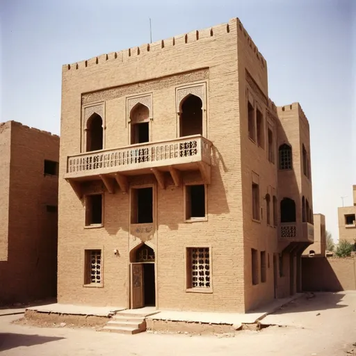 Prompt: a traditional house in Baghdad in 1950, Abbasid style, fair face brick work, two floors
