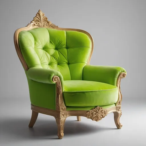 Prompt: Subject: A vibrant green armchair throne
Details:
Color: Lime green for the chair, slightly different shade of green for the star.
Style: Plush, cushioned seat with high backrest that curves outwards at the top. Rolled edges on the armrests.
Additions: A bright green, five-pointed star resting on the backrest.
Setting: Light gray background (optional: blur to suggest a room with a wall)
