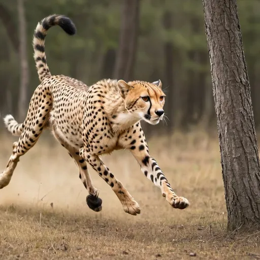 Prompt: a cheetah run after a deer in forest to hunt