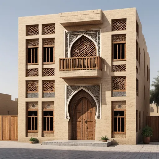 Prompt: Architectural Design of a traditional house in Baghdad with two floors and fair face brick work, main entrance is pointed Islamic arch in ground floor, and second floor built with wood and square windows covered with timber ornamented grills