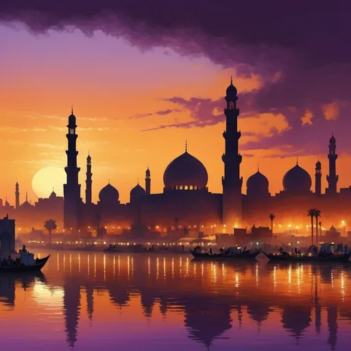 Prompt: Baghdad cityscape, bustling sunset silhouette, minarets and palaces punctuate skyline, reflecting in the calm Tigris river, bustling bazaars below, deep oranges and purples sky, digital painting, ultra clear, golden ratio, dramatic lighting