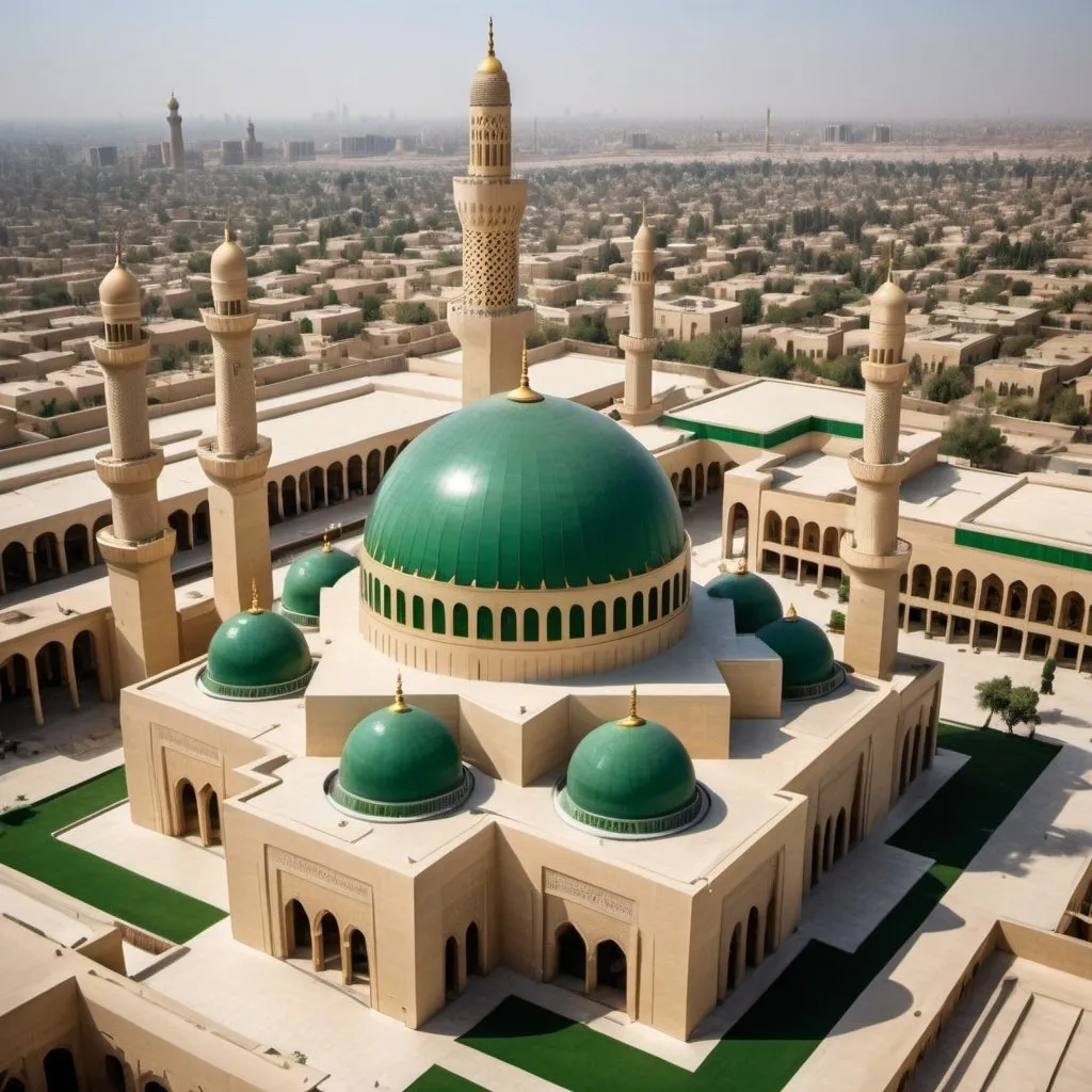 Prompt: Grand mosque in Baghdad with architect Frank Lloyd Wright style, one golden dome, two green minarets, colonnaded arcade with Islamic white crown capitals, bird's eye view