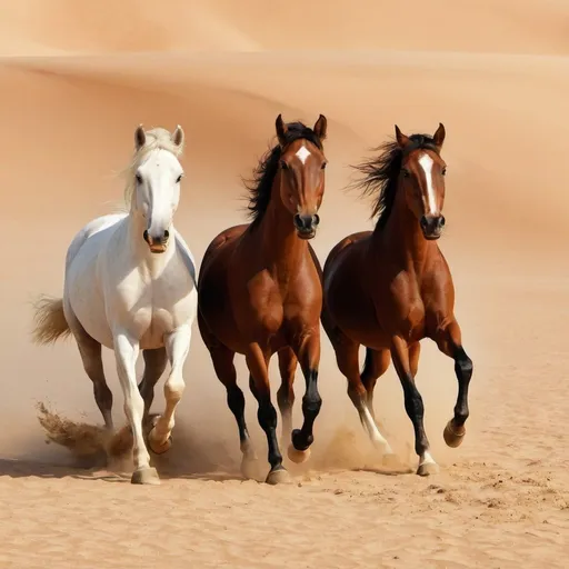 Prompt: three horses run on sand in desert