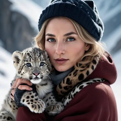Prompt: Closeup.Rich colors,intense sharp,8K.3D render.A beautiful woman wearing winter clothes and holding an adorable snow leopard cub, with a closeup of her face, in the snowy wilderness, portrait photography in the style of Annie Leibovitz and Marc Adamus, shot with a Canon EOS R5, with sharp focus and a hyperrealistic style.