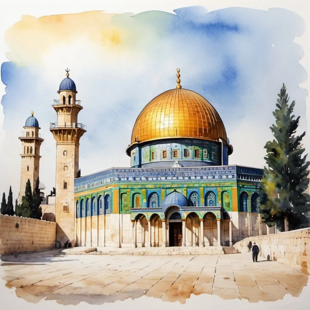 Prompt: a water-color painting of The Dome of the Rock, in Jerusalem, a painted picture