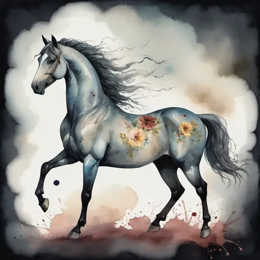 Prompt: A horse in the Biedermeier art style, with whimsical and surreal elements, dramatic lighting, and an ethereal atmosphere, incorporating watercolor and painterly effects, gothic aesthetics, and splattered accents