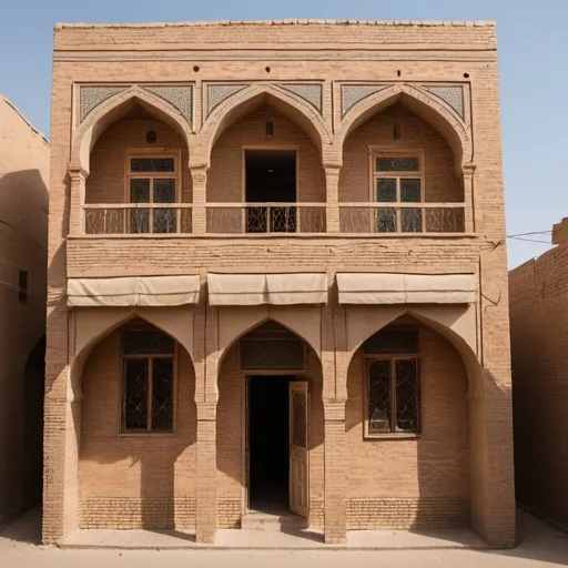 Prompt: a traditional house in Baghdad, Abbasid style, fair face brick work, two floors
