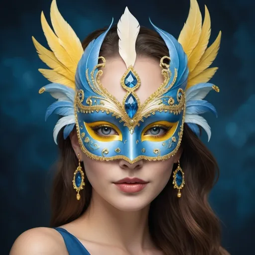 Prompt: Create a realistic picture of Blue venetian mask with yellow diamonds around the eyes and swan's wings around the head
