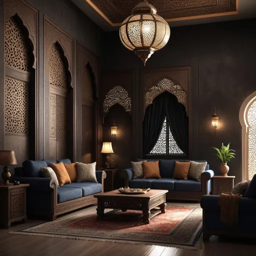 Prompt: Islamic living room, concept art, fine art, very detailed, very realistic, dark render, 8k, photo-realistic, dark light