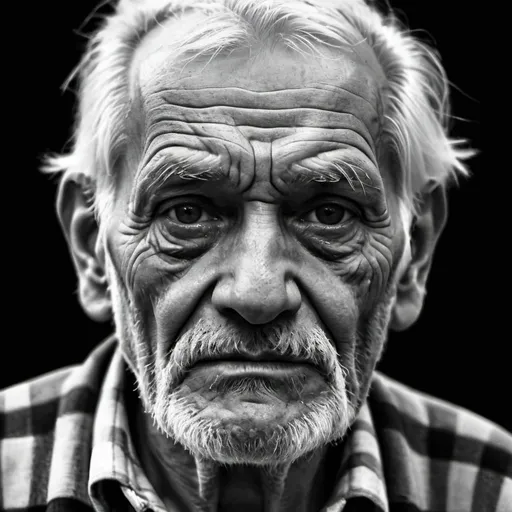 Prompt: a black an white photography of a face of an ugly very old man , with realistic appearance, with real light and shadow on face, real photo with not nice face, with white hair and beards 