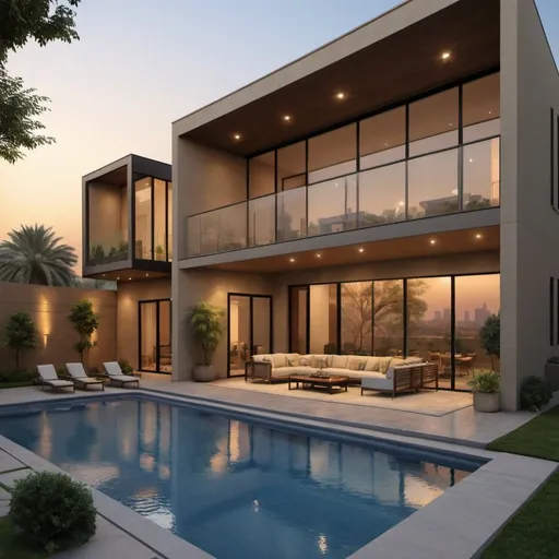 Prompt: Modern house in Baghdad, architectural design, spacious interior, contemporary luxury, high-quality rendering, realistic, warm tones, natural lighting, sleek furniture, open floor plan, large windows, skyline view, detailed landscaping, modern art, luxury living, high-res, 4k, contemporary, spacious, luxurious, realistic, warm tones, natural lighting, sleek design, architectural, skyline view, modern art, detailed landscaping, open floor plan