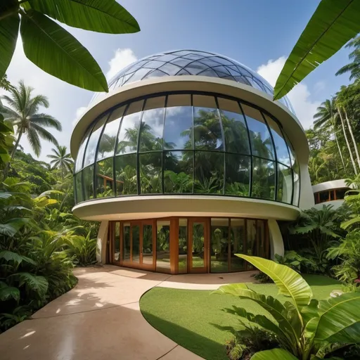 Prompt: imagine a striking visual of a contemporary dome-shaped residence surrounded by lush tropical foliage. Capture the interplay between the curved glass panels and the organic forms of the landscape. Set your professional camera to manual mode, f/4, ISO 400, and use a fish-eye lens to accentuate the unique geometry. –v 5.1