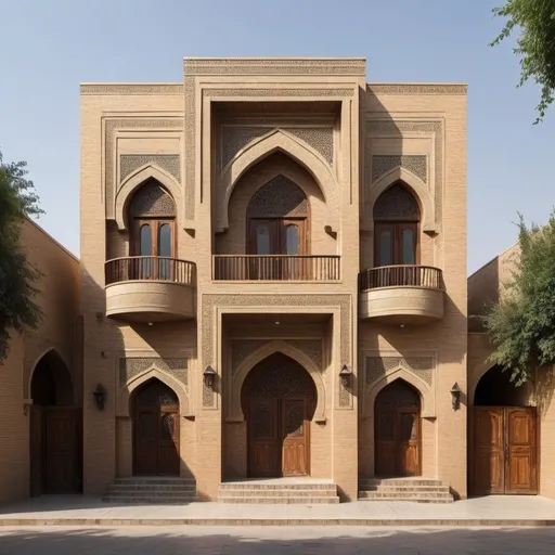 Prompt: Architectural Design of traditional house in Baghdad with Abbasid Style, fair face brick work elevation, just the entrance with pointed arch and other windows are flat, Shansheel in upper floor