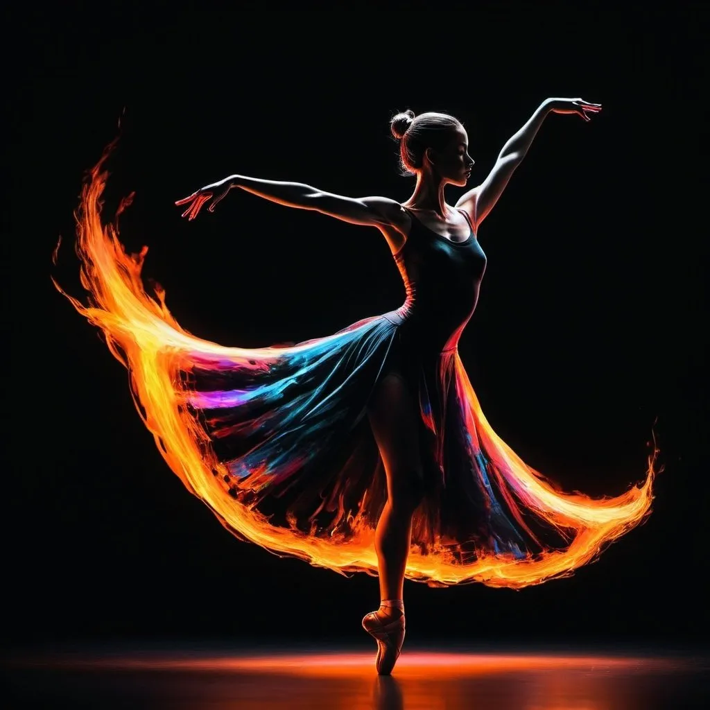 Prompt: Silhouette of a female ballet dancer mid-twirl, sketched with bright neon strokes that illuminate a black void and in flames, reflecting a strong and enticing persona. The movement is frozen in time, full-body perspective, with a vertical aspect to capture the essence of her dance. No additional effects or background, just the dancer and the dance of light.