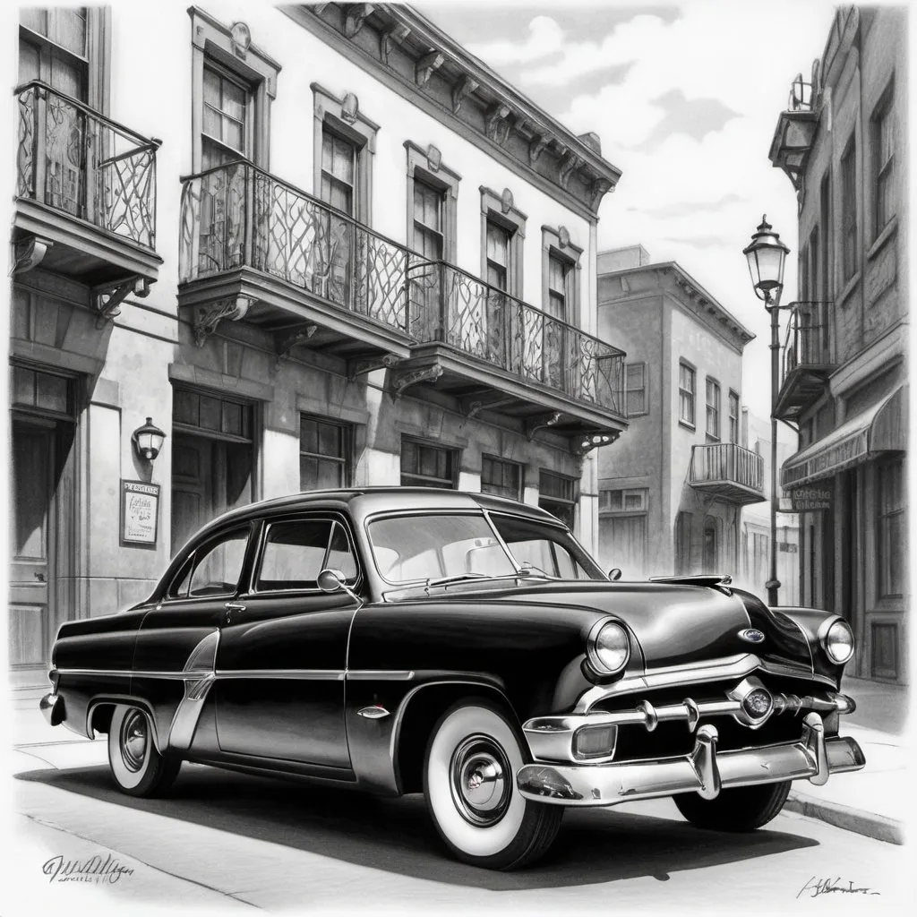 Prompt: Ford car styled in 1950s, pencil sketch, black and white, full frontal view, parked in front of vintage buildings, soft shading, detailed chrome accents, intricate tire treads, mushroom-shaped street lamps in background, bustling old-town street vibe, early 20th century architecture, high contrast, air of nostalgia, pen and ink, dramatic lighting.