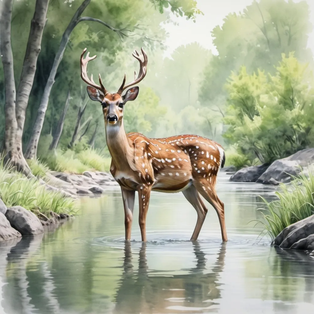 Prompt: 5D water color sketch of a spotted deer in a river, the water is clear, the trees are green around it. realist,uhd,16k.